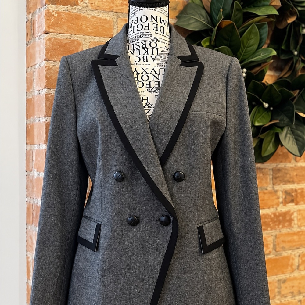 Tahari Charcoal Gray Double-Breasted Blazer with Black Trim